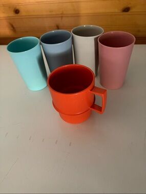 Vintage Tupperware Stackable Cups and Mug Set - Orange, Pink, Blue, Gray, Aqua